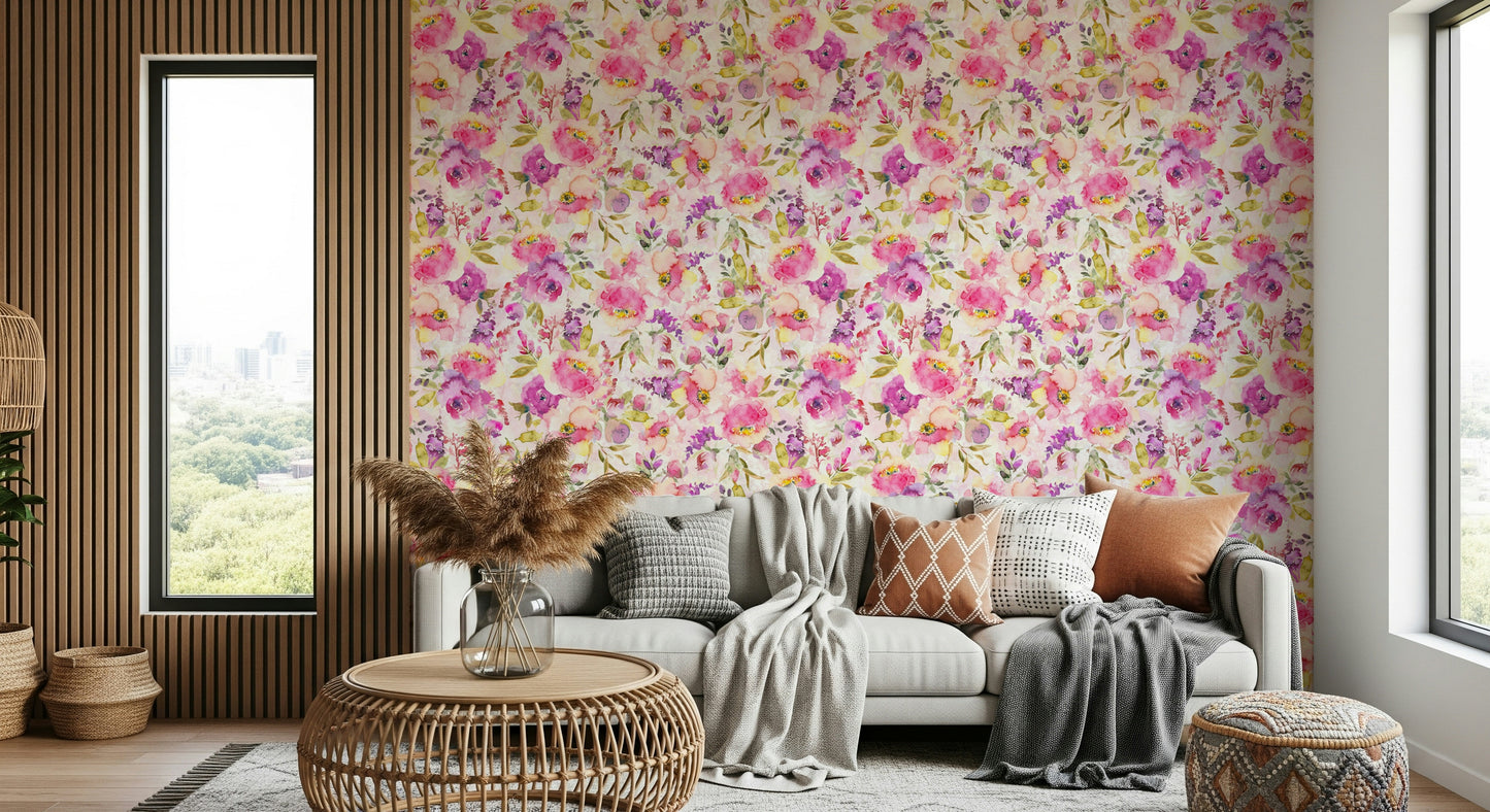 Elegant Pink & Purple Watercolor Florals wall paper.