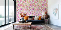 Hand-painted floral wallpaper mural bright decor.