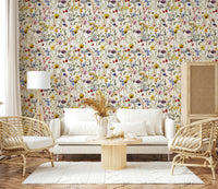 Bright wildflower meadow wallpaper, intricate colorful botanical design.