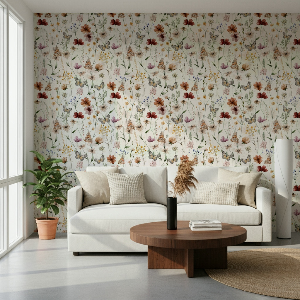 Wallpaper for walls Butterfly Wild Meadow nature print.