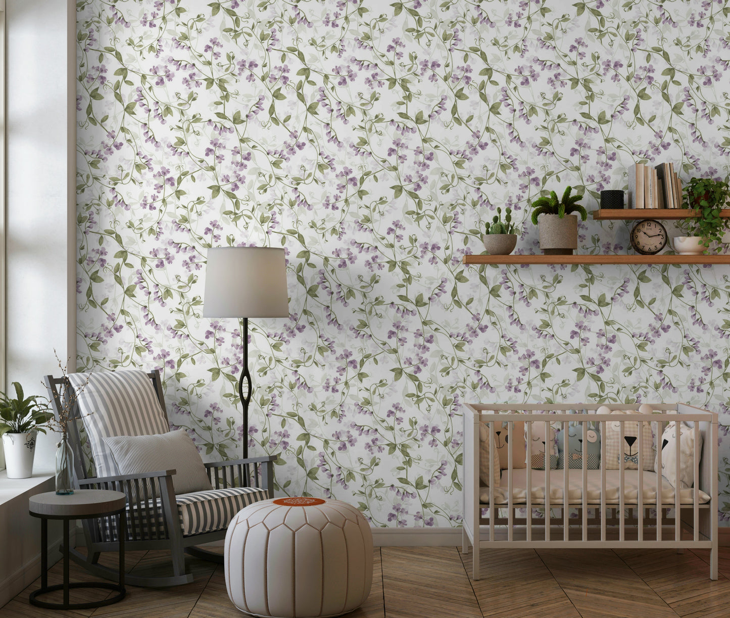 Light green leaves define Lilac Vines Meadow for walls.