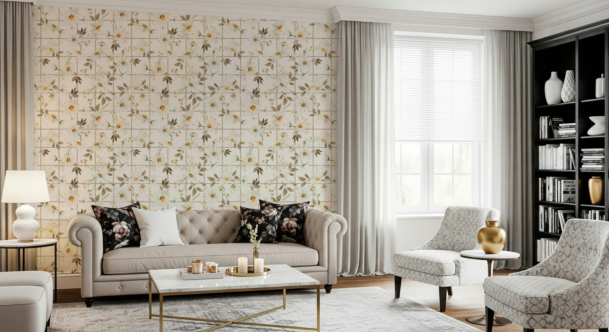 White flowers Window Panes pattern wallcovering