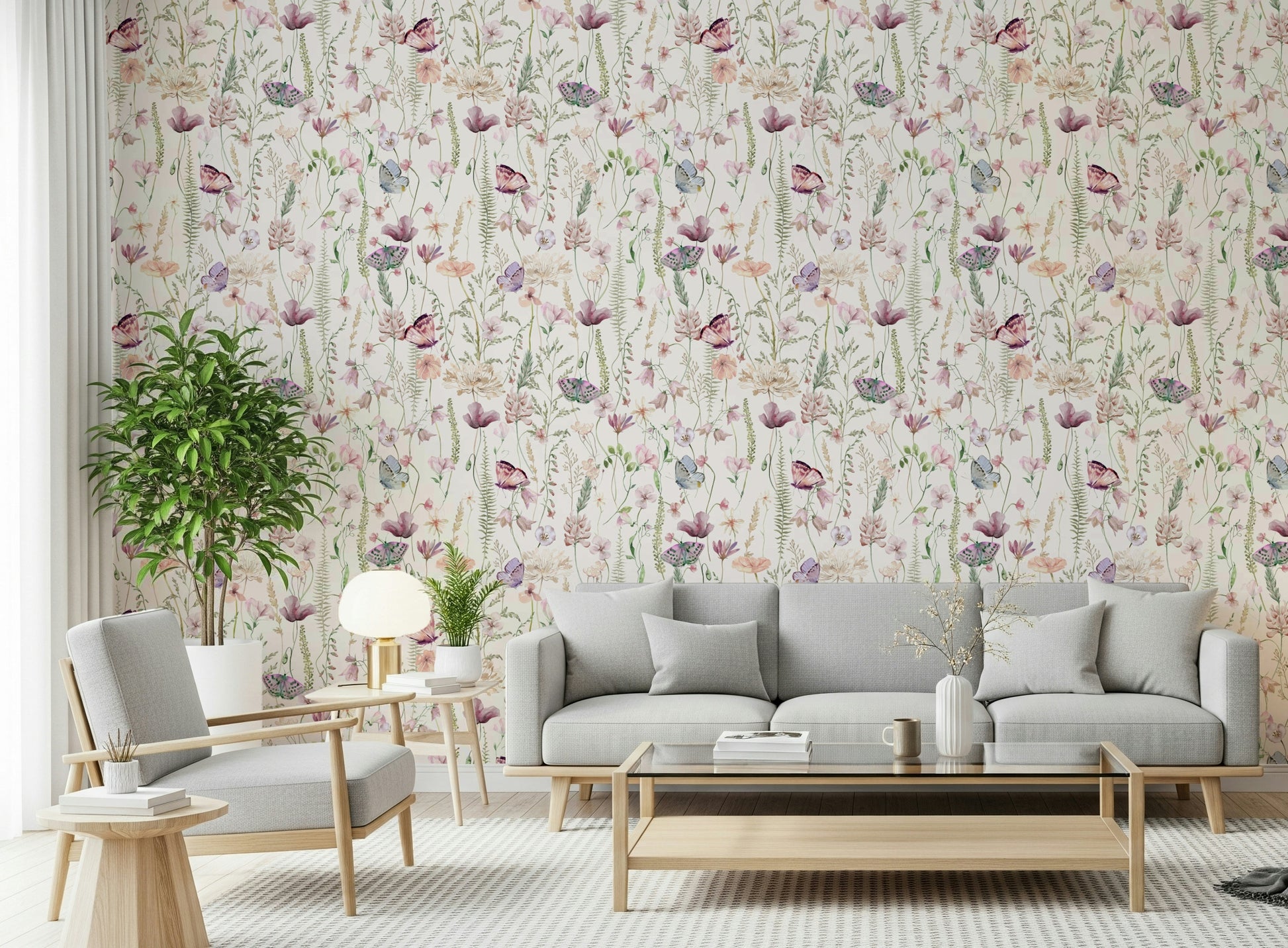 Dreamy aesthetic wall decor Blush Butterfly Meadow blooming design.