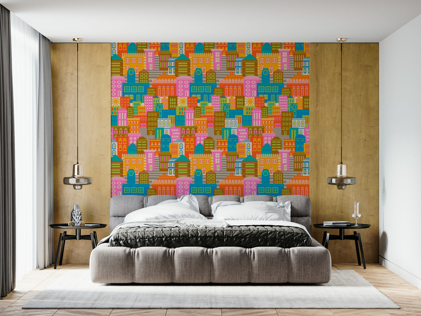 City Lights By Day Vintage Travel Bright Geometric Buildings Sunshine Rainbow Brights Wallpaper⁠