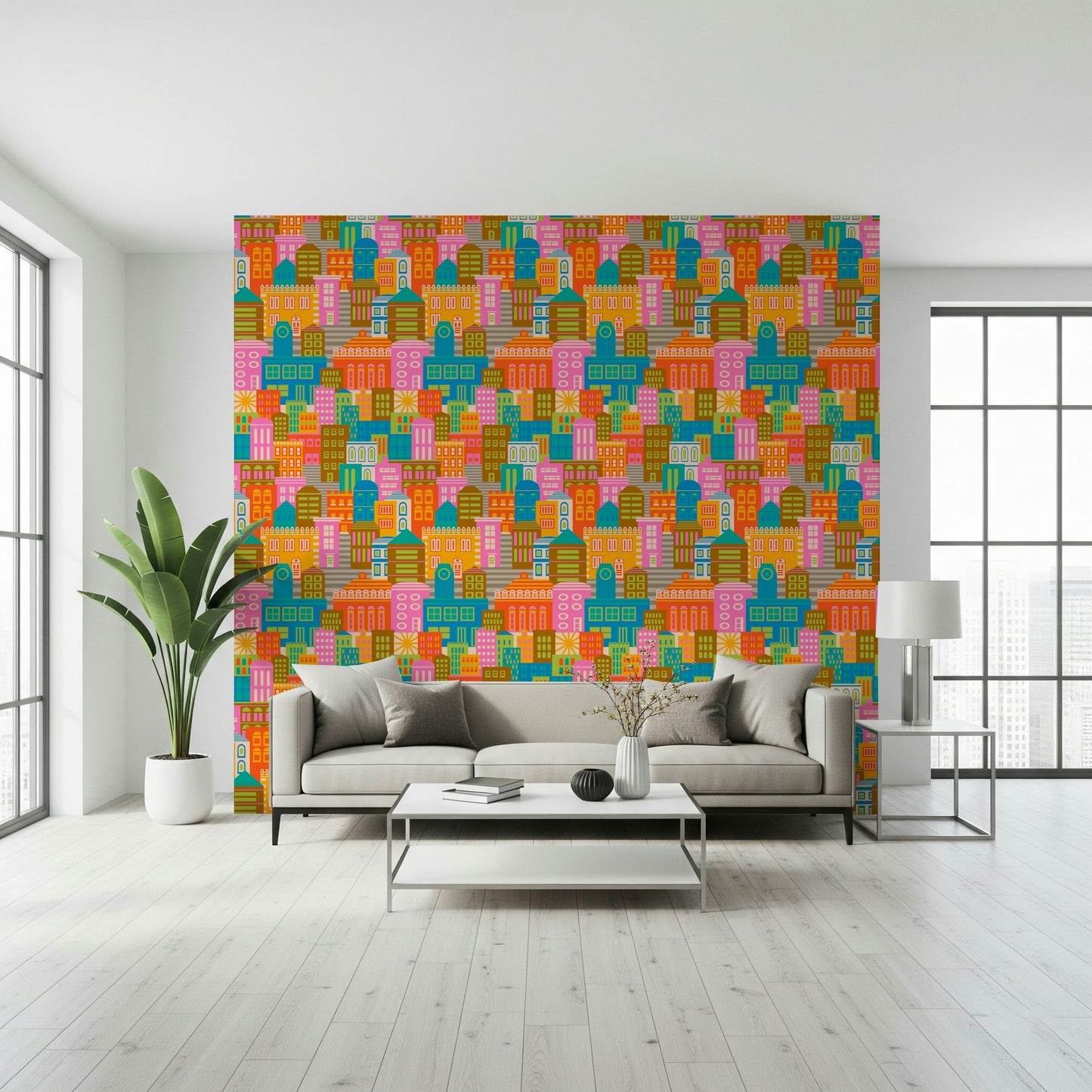 City Lights By Day Vintage Travel Bright Geometric Buildings Sunshine Rainbow Brights Wallpaper⁠