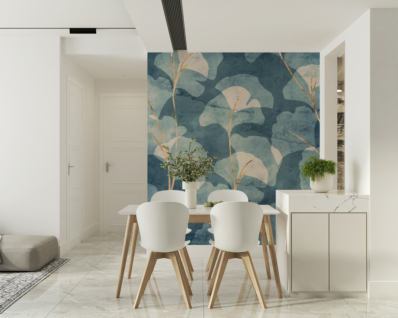 Botanical wallpaper mural Midwinter Gingko Cyanotype in navy shades.