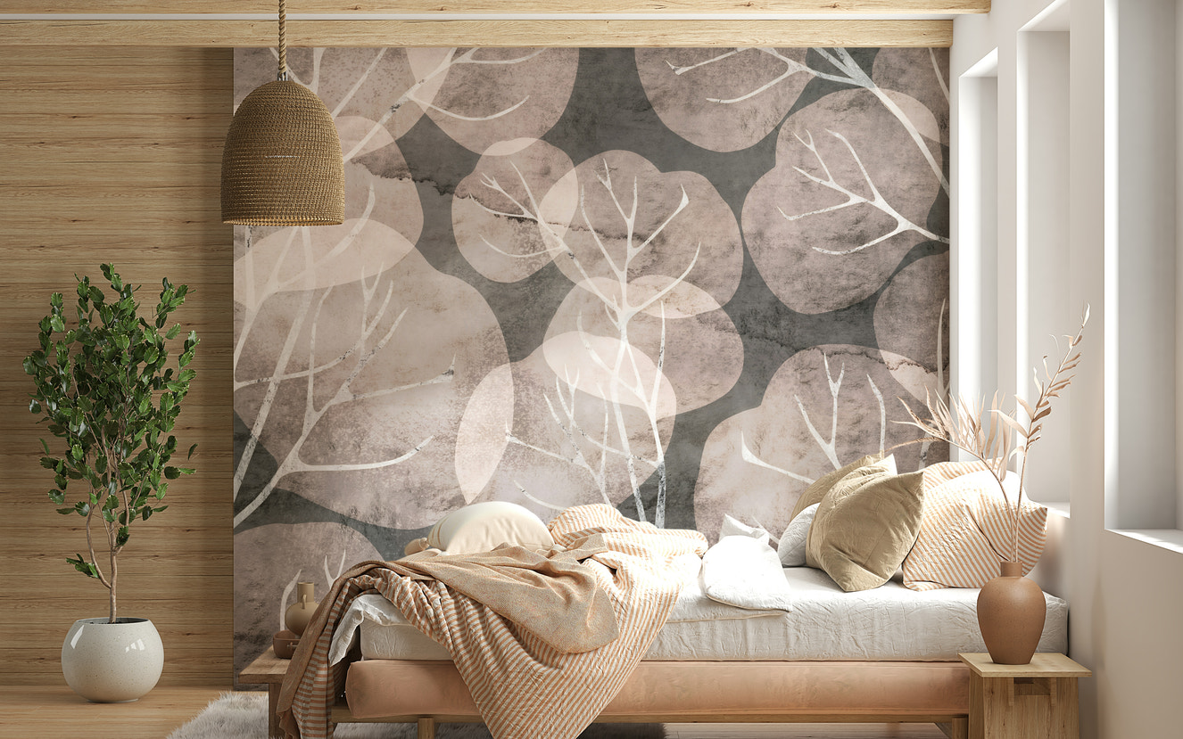 Elegant pewter blush Midwinter Leaf wallpaper for walls.