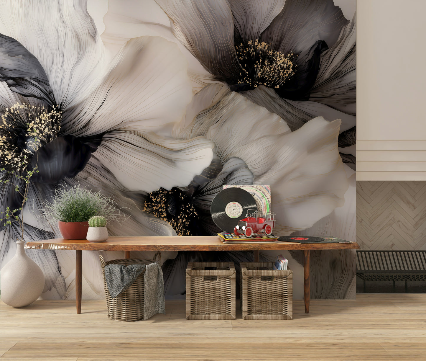 Monochrome Petal Ink Flow Harmony Wall Mural