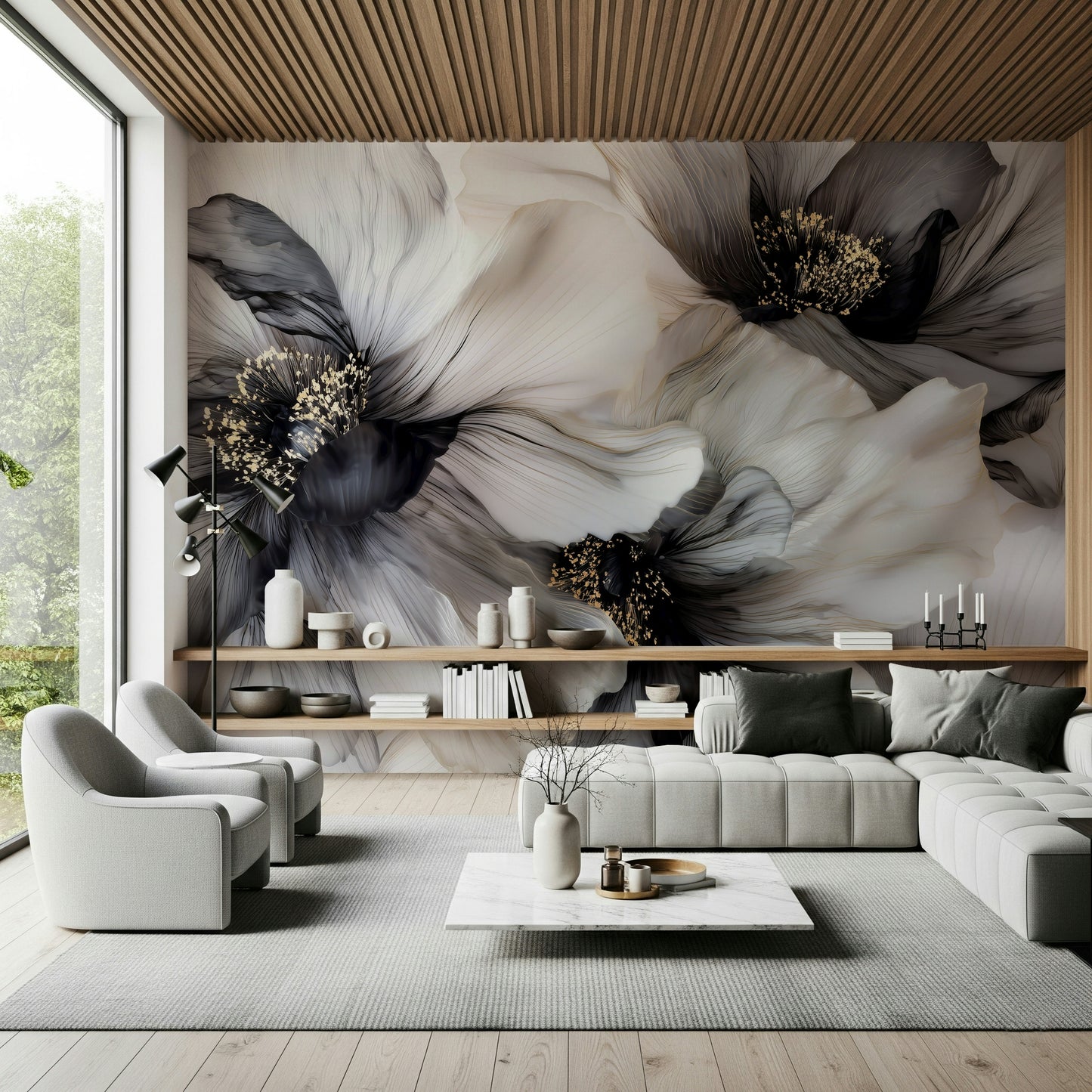 Monochrome Petal Ink Flow Harmony Wall Mural