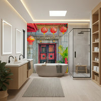 Vibrant Asian decor Lantern Entrance peel and stick wallpaper.