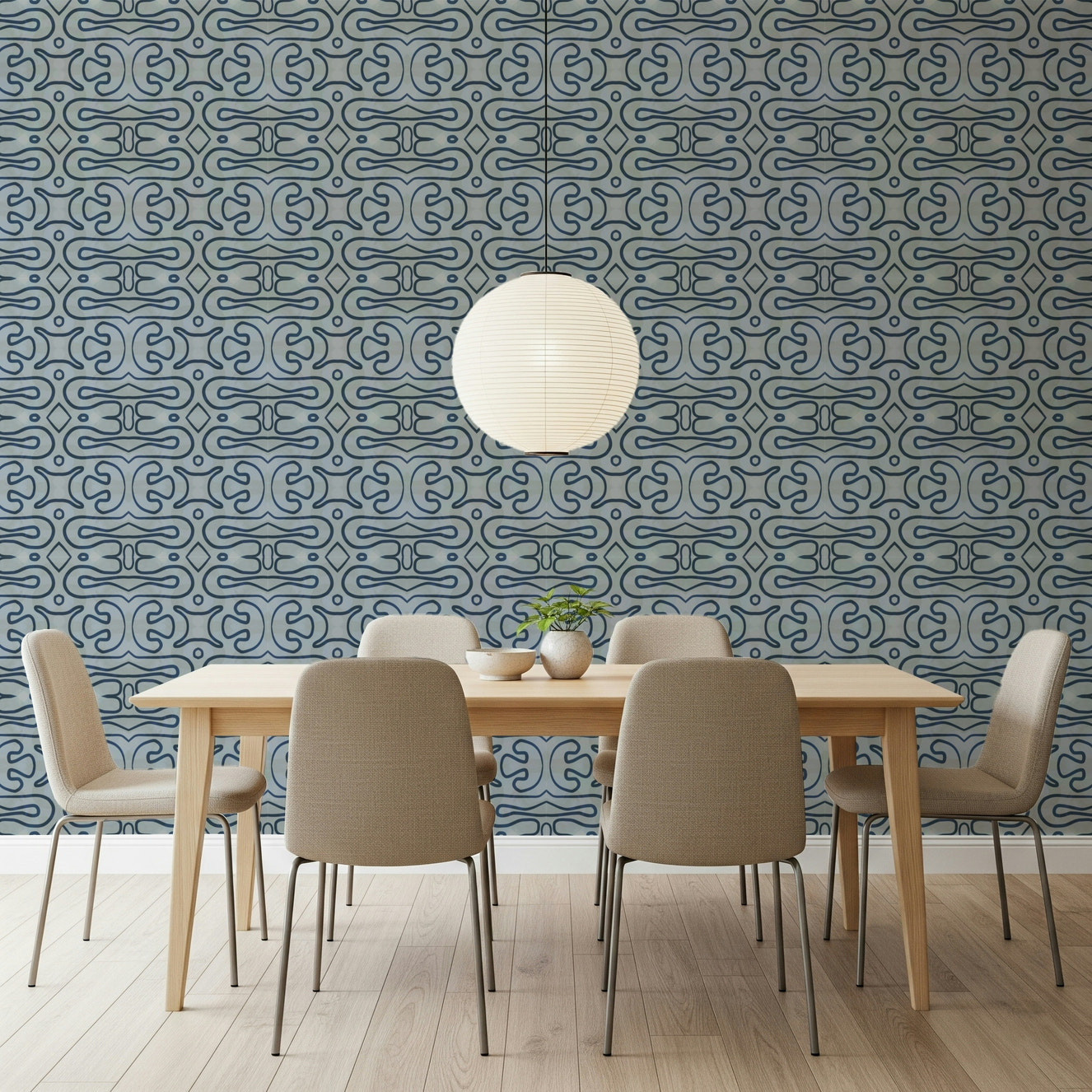 Indigo Flow wallpaper for walls featuring blue aquatic loops.