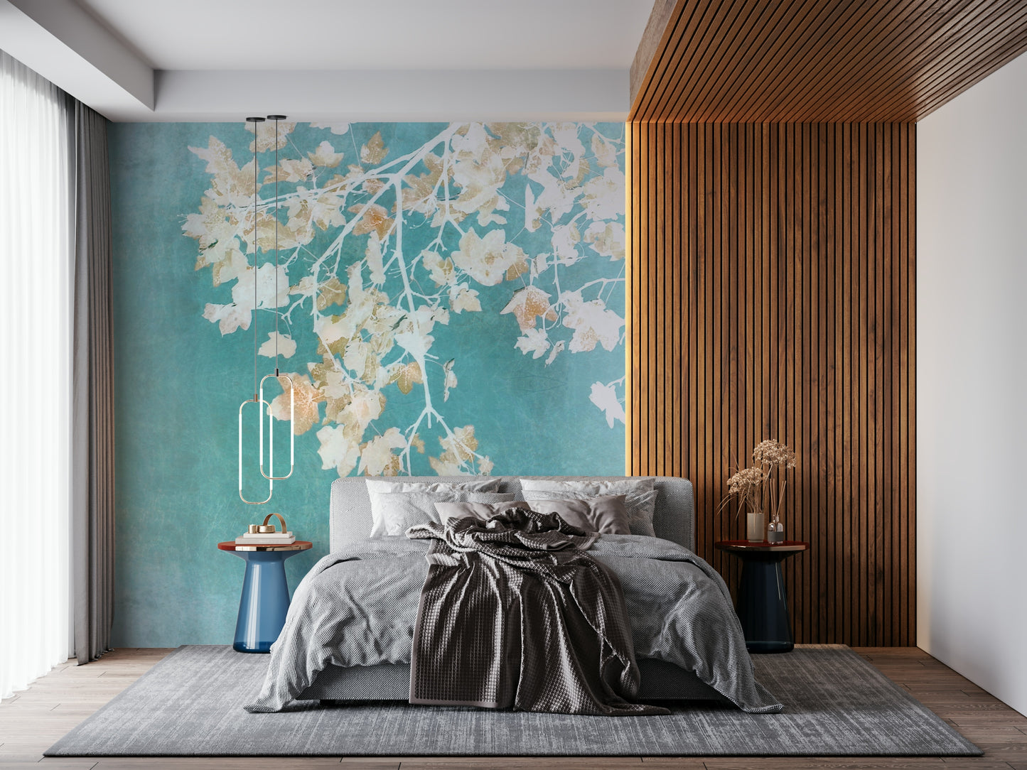 Teal Leaf Whispers Wall Mural
