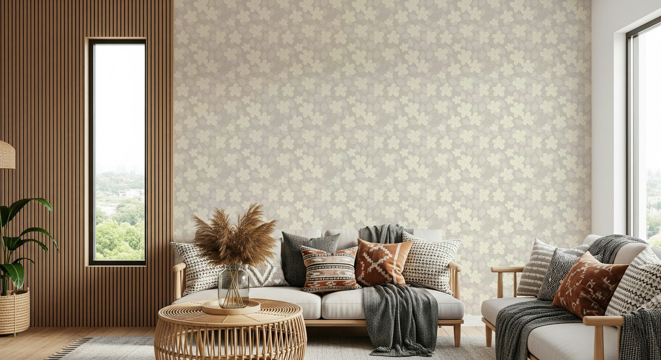 Neutral botanical wall mural featuring ivory petal clusters.