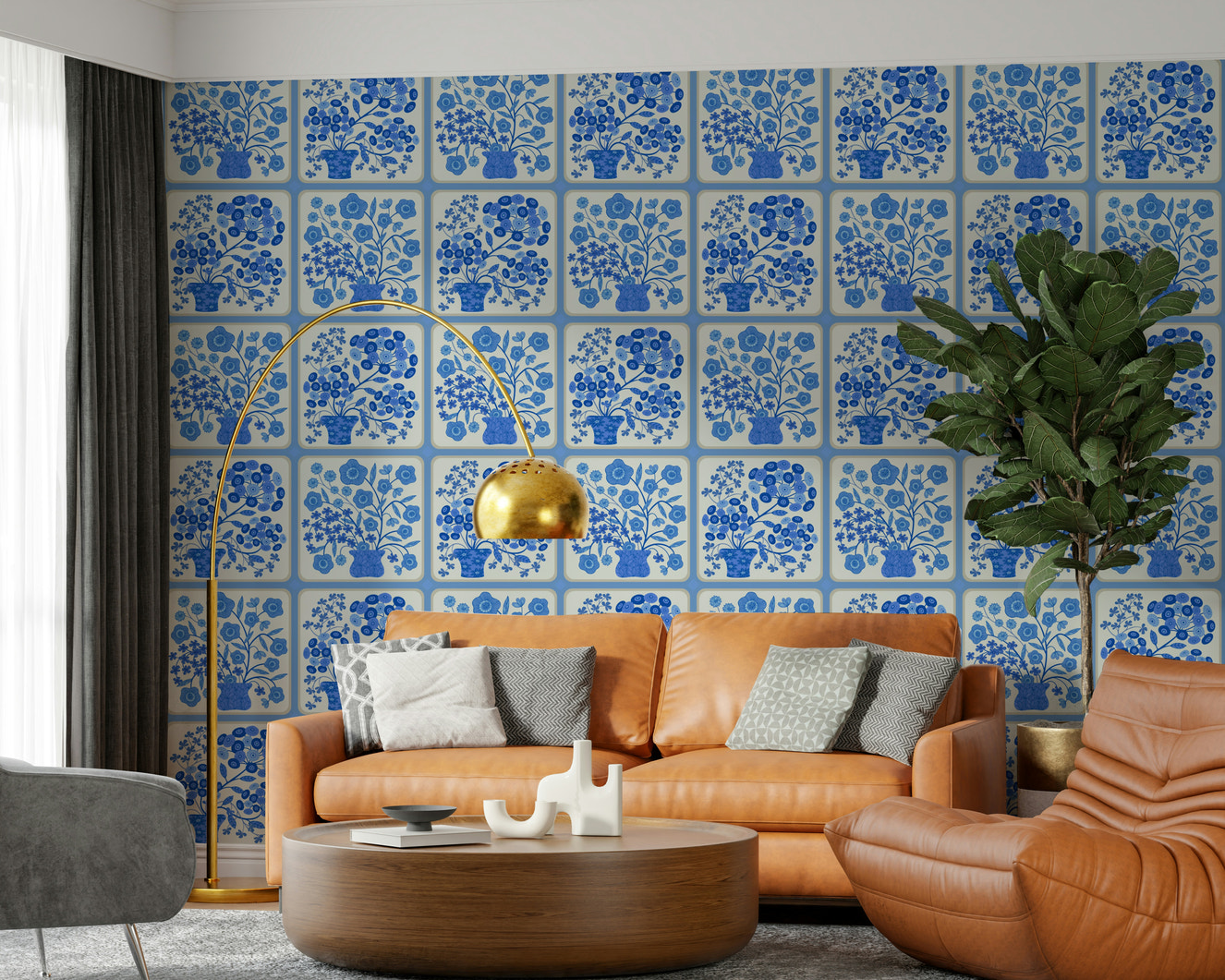 Flower Bouquet Tiles Floral Light Delft Blue and White Wallpaper⁠