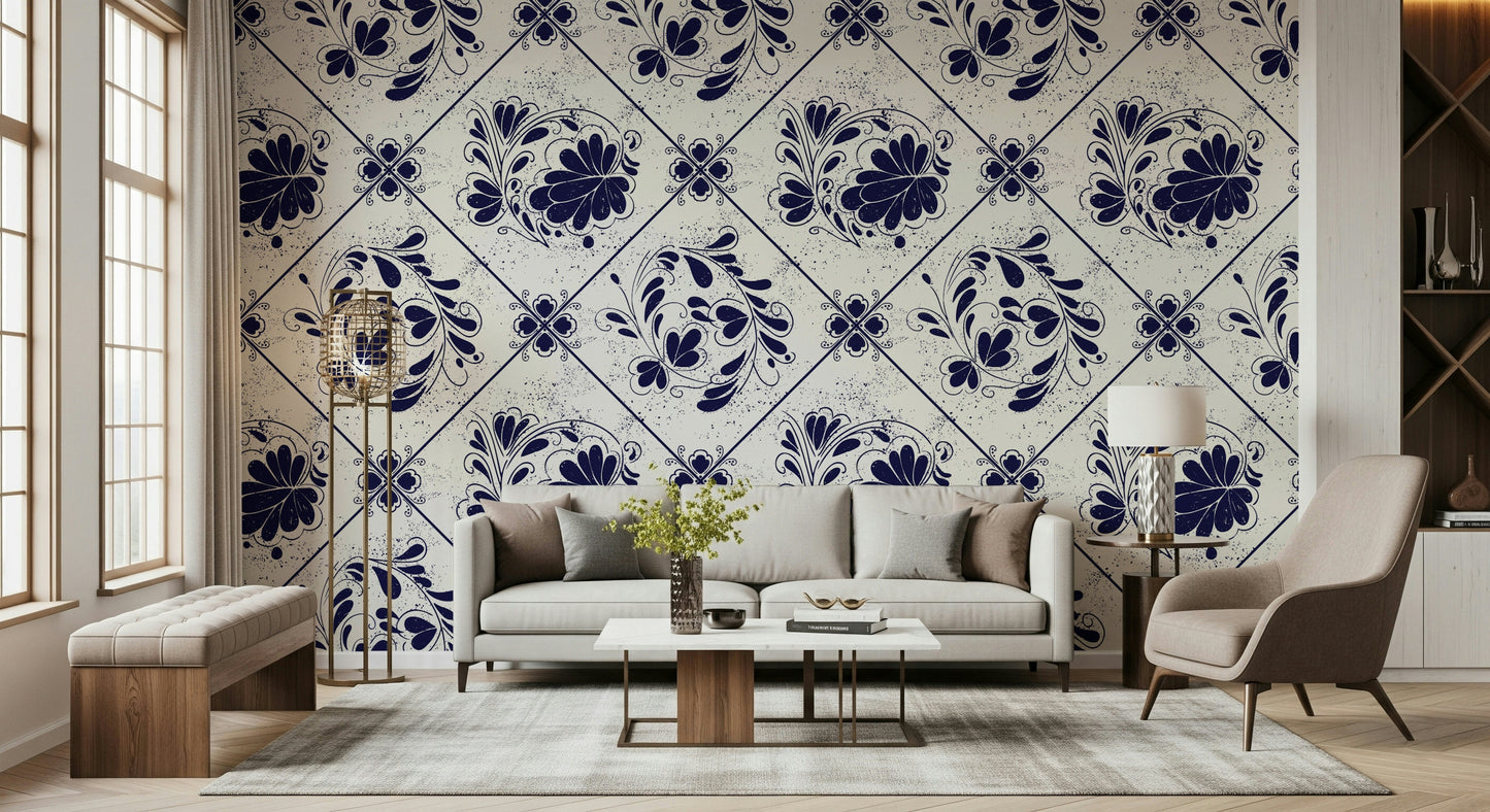 Vintage Indigo Floral Tiles Wallpaper⁠