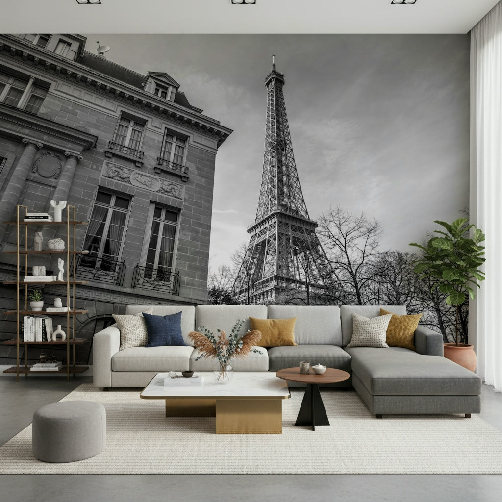 Old building next to Eiffel tower Wall Mural