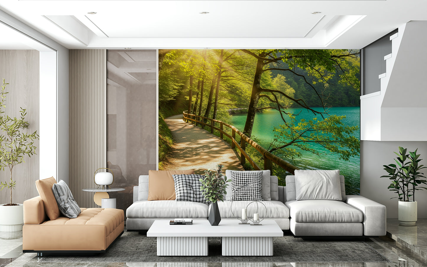 Sunlit Lakeside Path Wall Mural