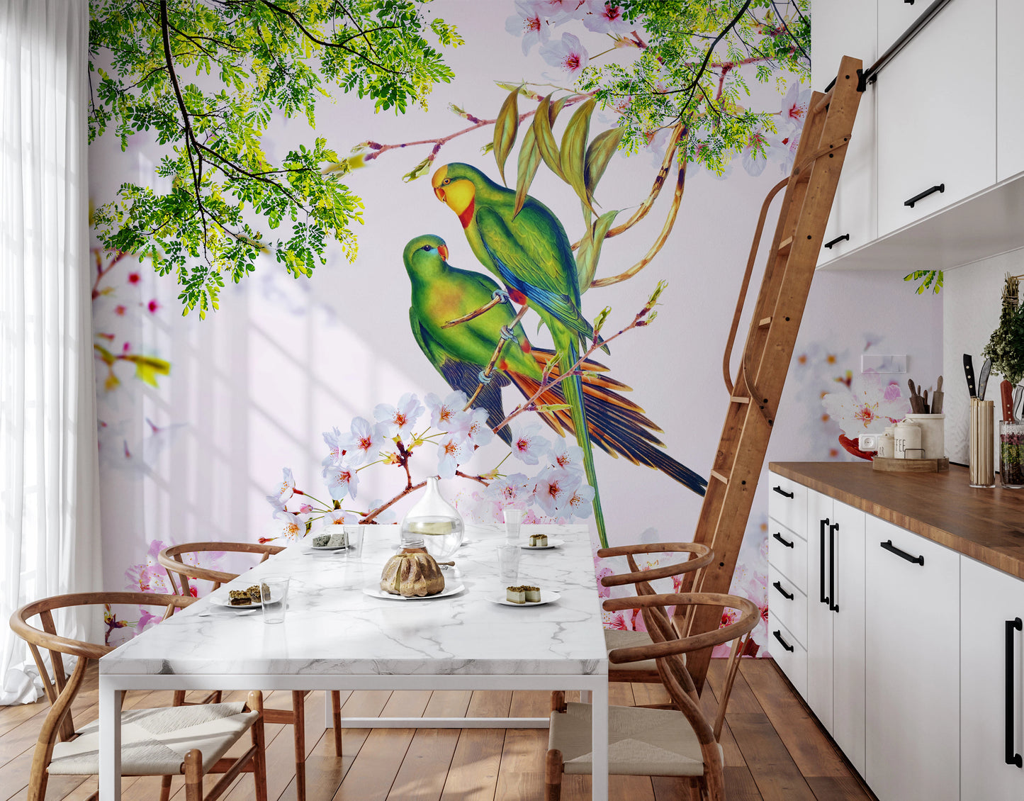 Cherry Blossom Parrots Wall Mural