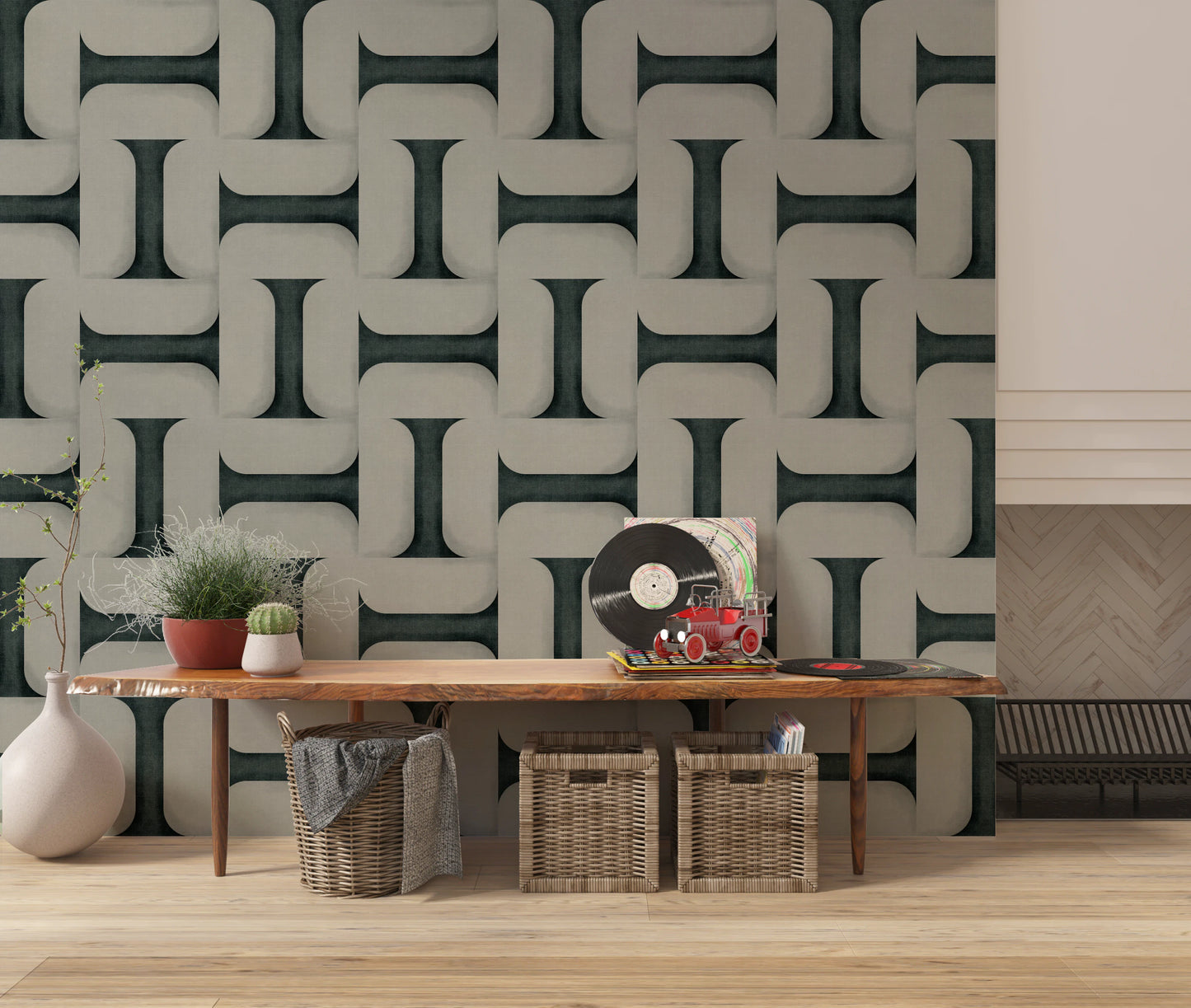 Modern Textured Tiles Vintage Denim Wallpaper⁠