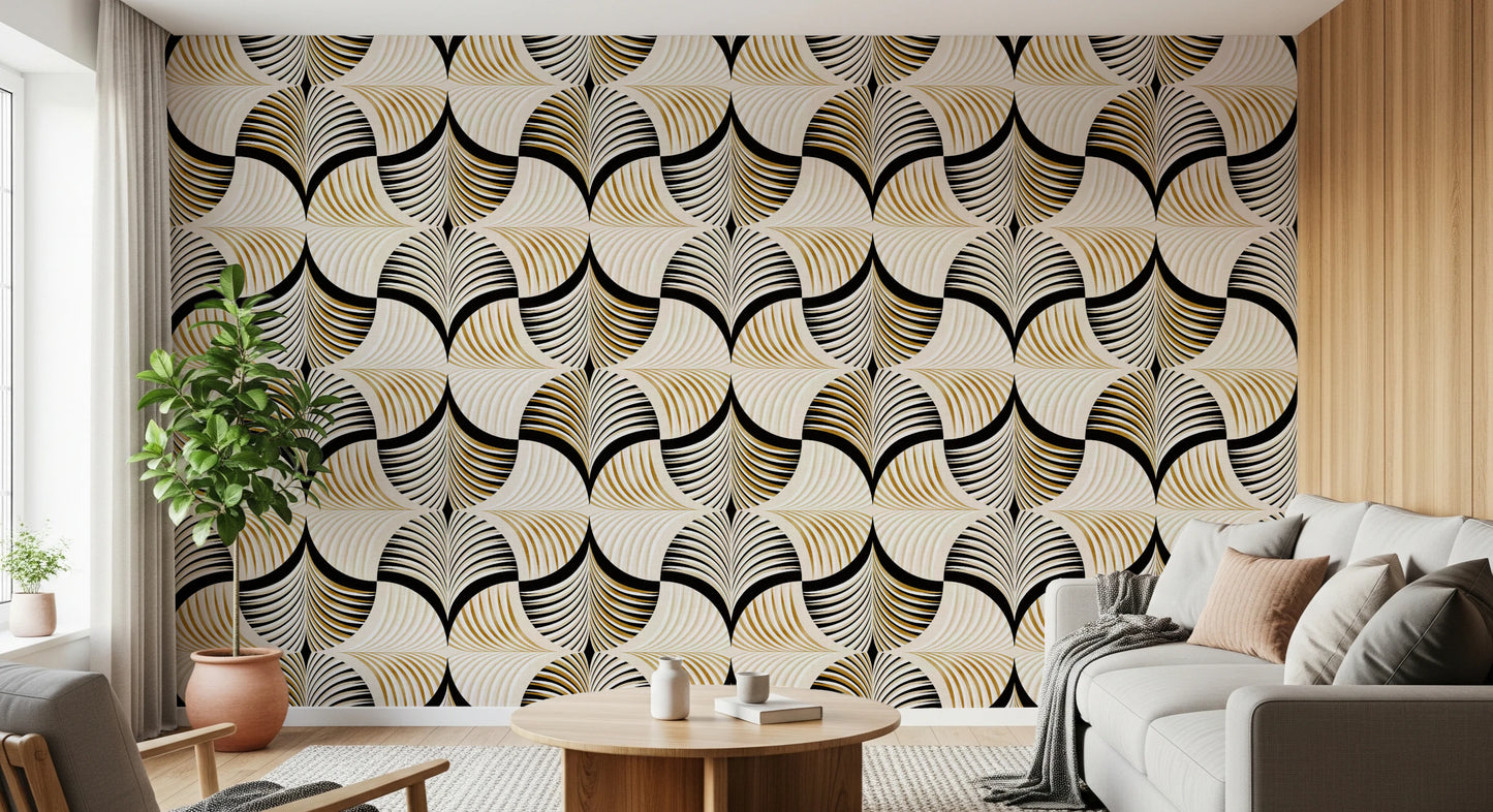Art Deco Botanical Palm Fan Gold and Black Wallpaper⁠