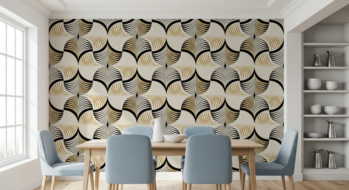 Art Deco Botanical Palm Fan Gold and Black Wallpaper⁠