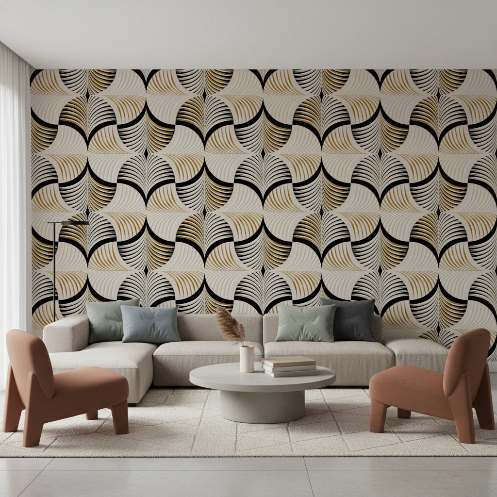 Art Deco Botanical Palm Fan Gold and Black Wallpaper⁠