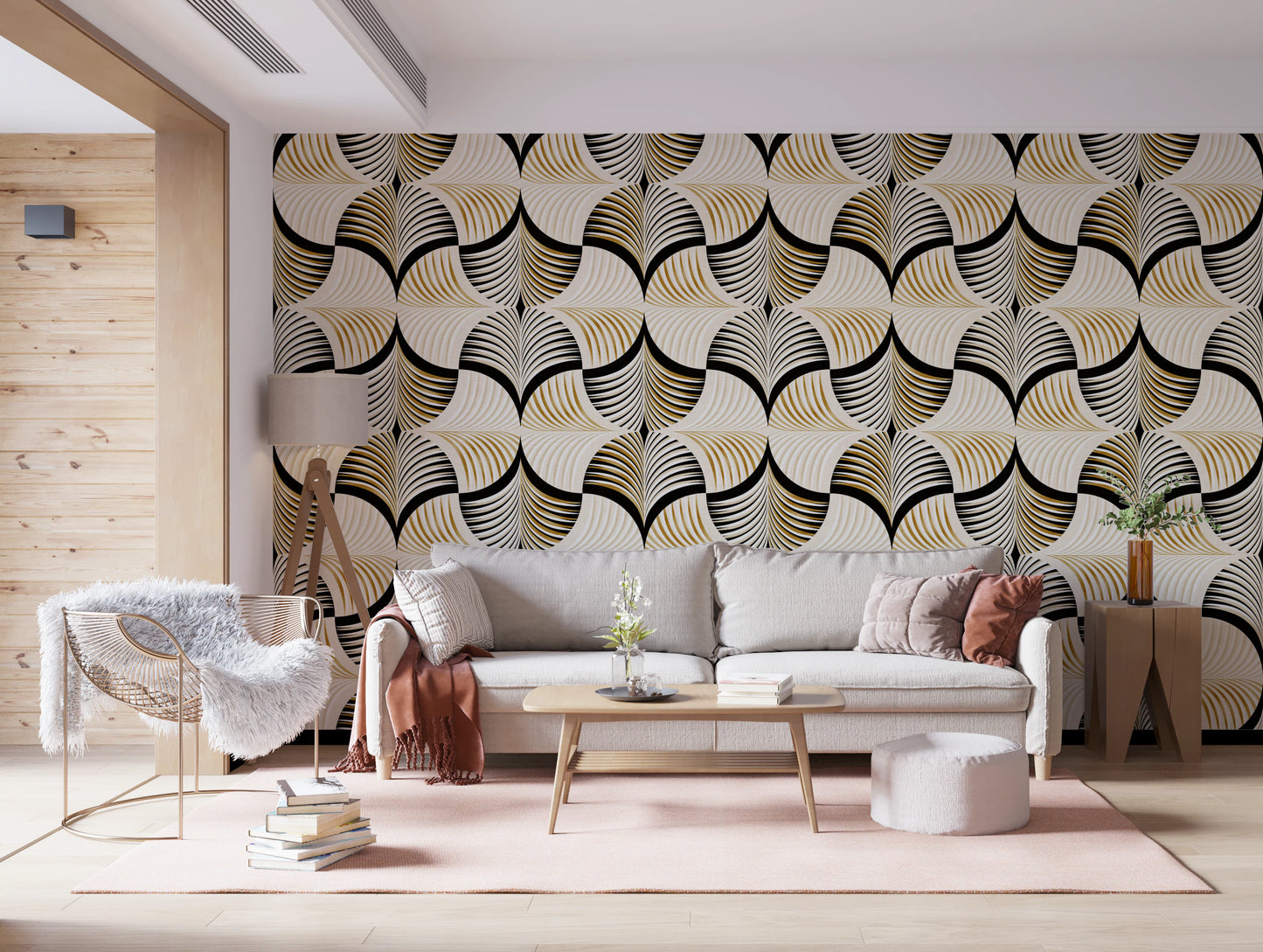 Art Deco Botanical Palm Fan Gold and Black Wallpaper⁠