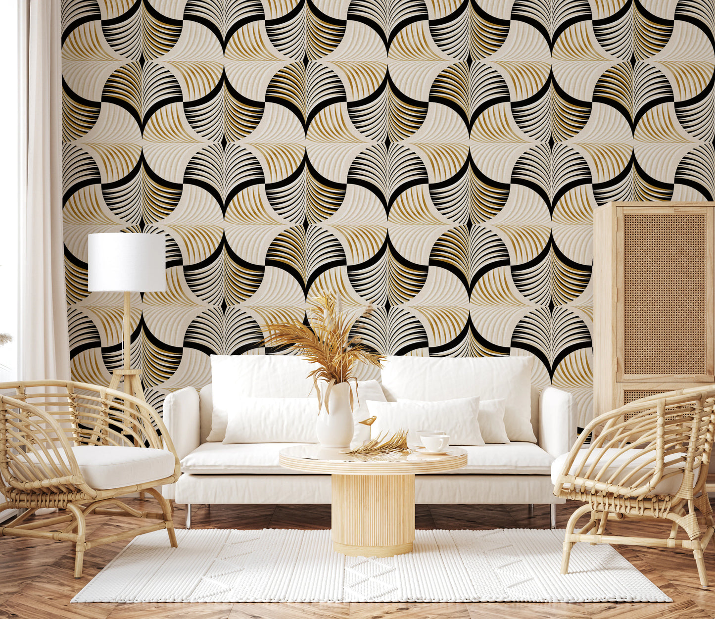Art Deco Botanical Palm Fan Gold and Black Wallpaper⁠
