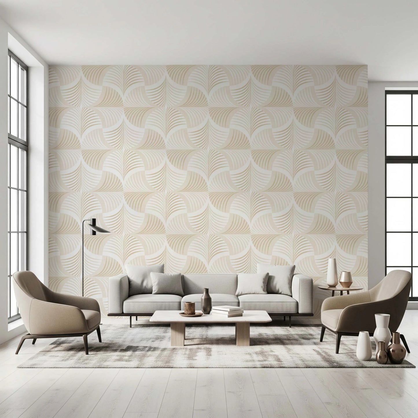 Art Deco Botanical Palm Fan - Soft White Beige Wallpaper⁠