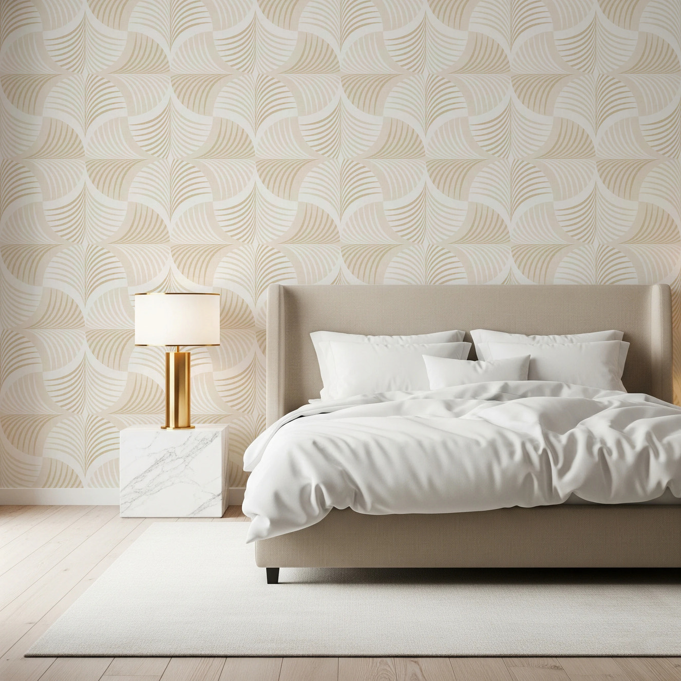 Art Deco Botanical Palm Fan - Soft White Beige Wallpaper⁠