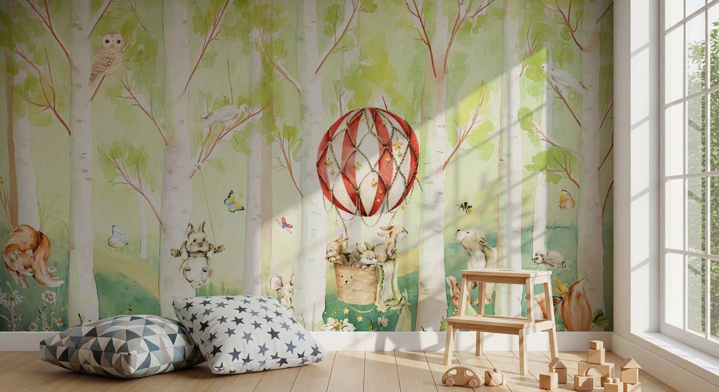 Woodland Whimsical Animals Balloon Ride Wall Mural