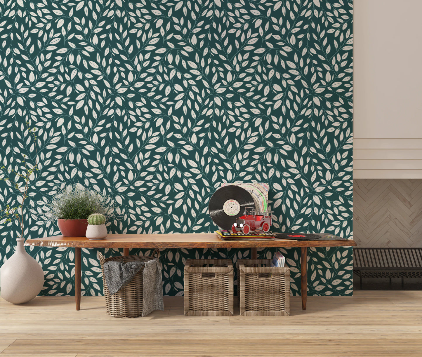 White Vines on Teal Wallpaper⁠