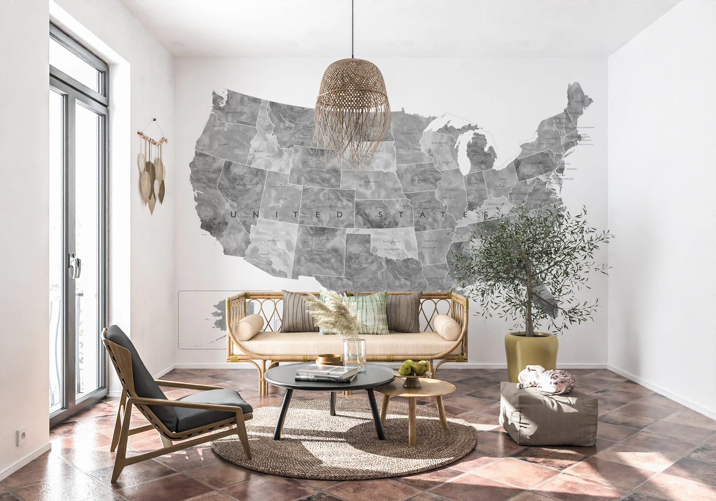 USA map with states and capitals in gray watercolor Wall Mural