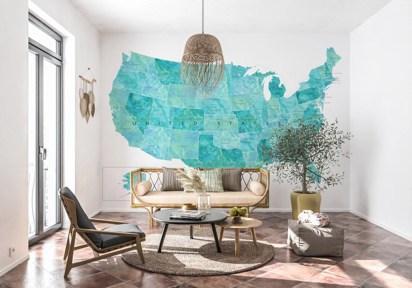 USA map with states and capitals in teal watercolor Wall Mural