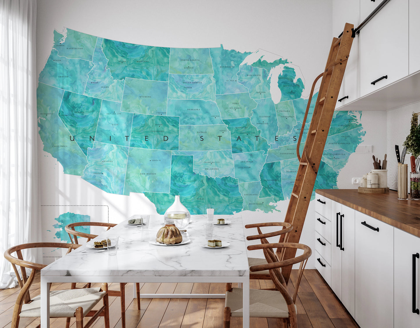 USA map with states and capitals in teal watercolor Wall Mural