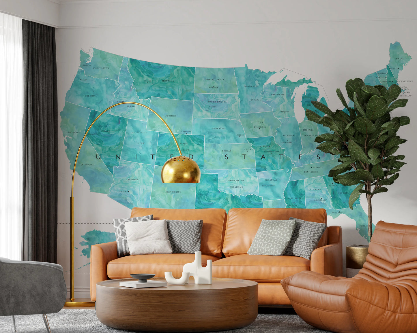 USA map with states and capitals in teal watercolor Wall Mural