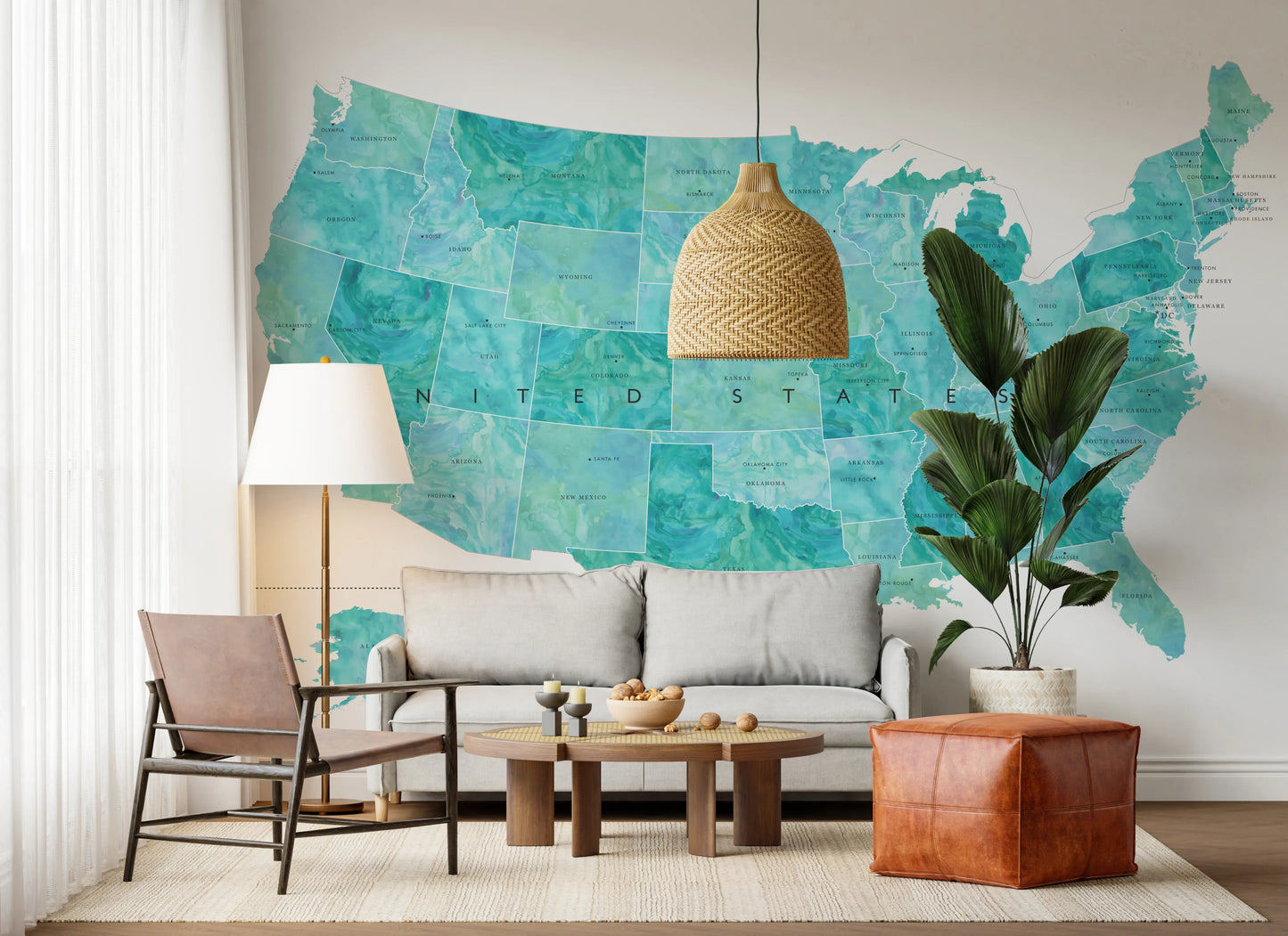USA map with states and capitals in teal watercolor Wall Mural