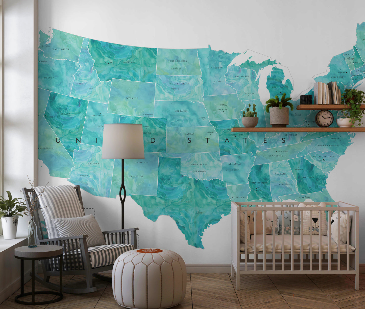 USA map with states and capitals in teal watercolor Wall Mural