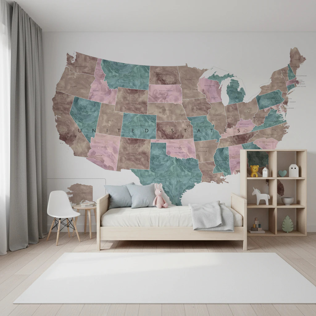 USA map with states and capitals in muted watercolor Wall Mural