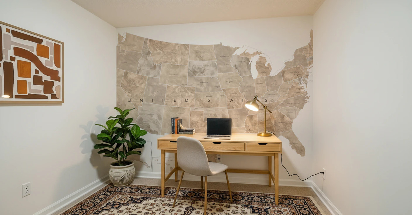 USA map with states and capitals in tan watercolor Wall Mural