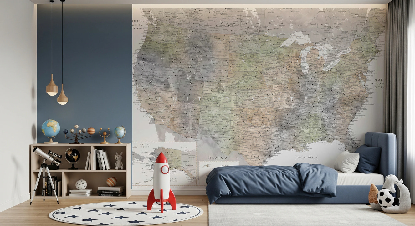 Detailed map of the USA with cities in muted watercolor, HABIKI Wall Mural