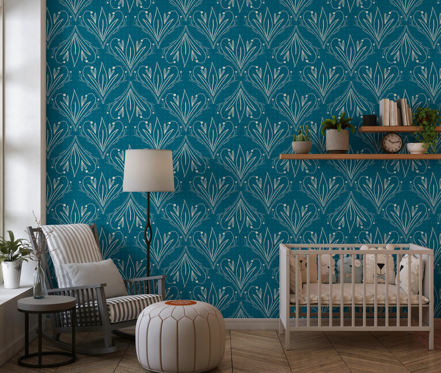 Boho Art Nouveau Folk Floral Teal Blue Wallpaper – Hand Drawn Wallpaper⁠