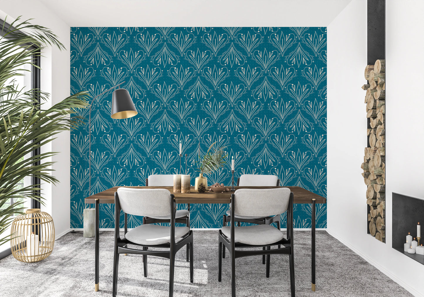 Boho Art Nouveau Folk Floral Teal Blue Wallpaper – Hand Drawn Wallpaper⁠