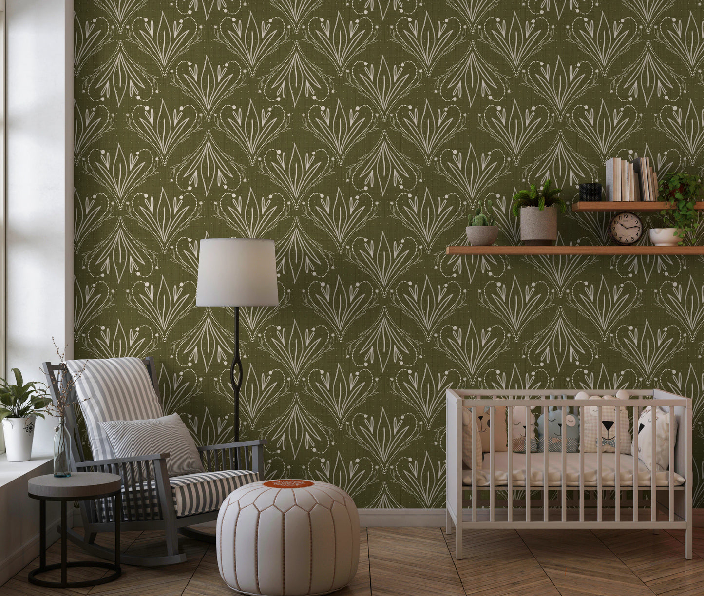 Boho Art Nouveau Folk Floral Olive Green Wallpaper – Hand Drawn Wallpaper⁠