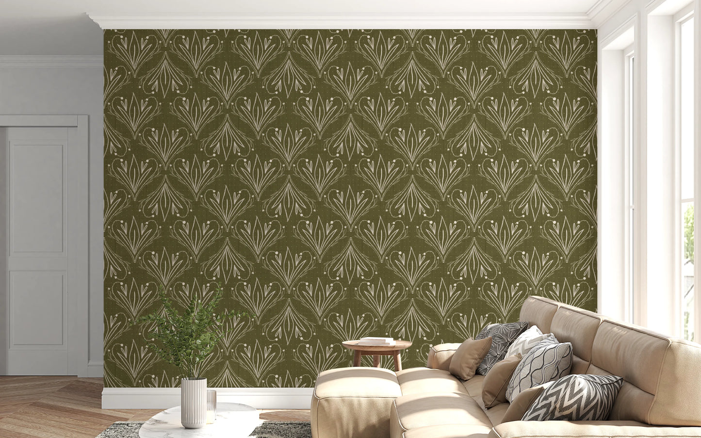 Boho Art Nouveau Folk Floral Olive Green Wallpaper – Hand Drawn Wallpaper⁠