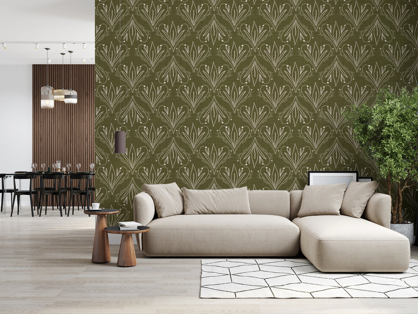Boho Art Nouveau Folk Floral Olive Green Wallpaper – Hand Drawn Wallpaper⁠