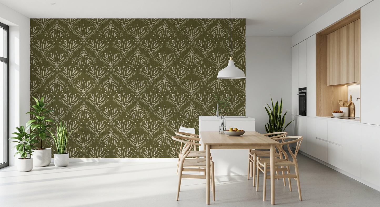 Boho Art Nouveau Folk Floral Olive Green Wallpaper – Hand Drawn Wallpaper⁠