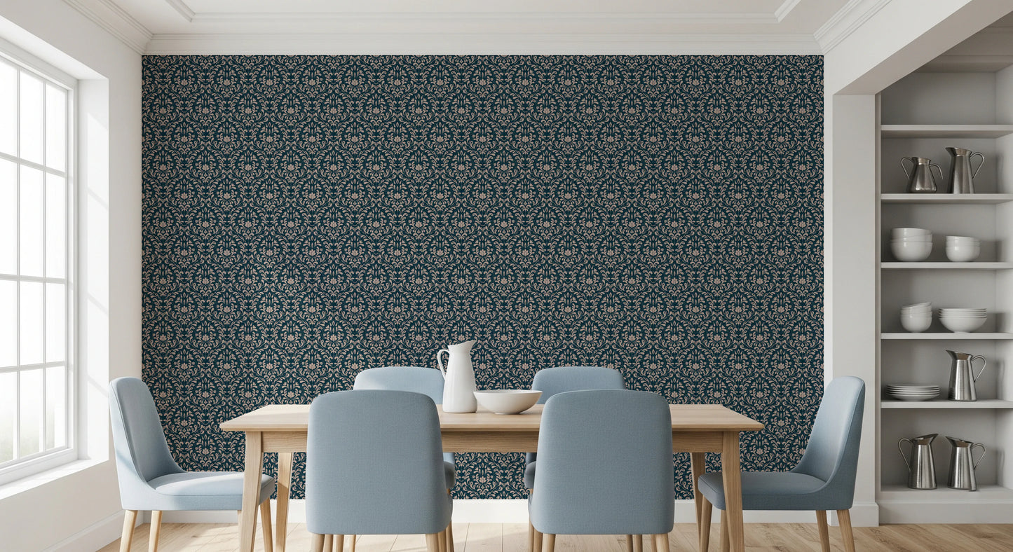 Vintage DARK BLUE DAMASK Wallpaper⁠