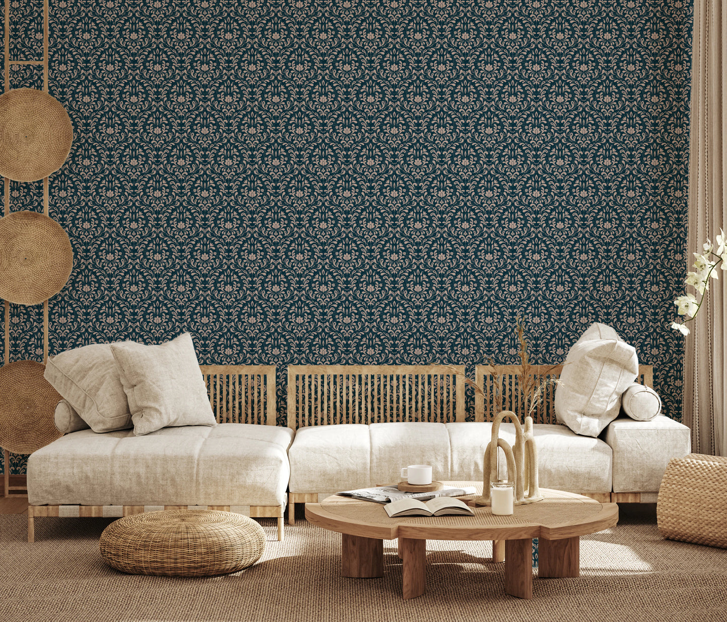 Vintage DARK BLUE DAMASK Wallpaper⁠