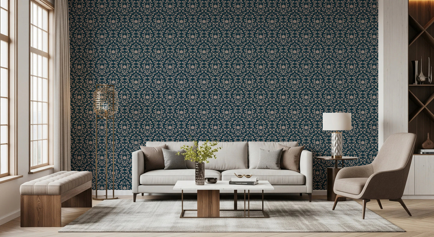Vintage DARK BLUE DAMASK Wallpaper⁠